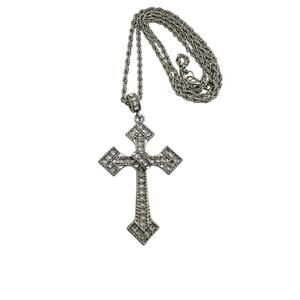 Silver Tone Rhinestone Cross Pendant Necklace with Stainless Steel Rope Chain